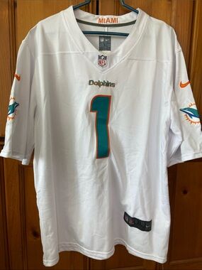 Nike White Dolphins #1 Jersey with Teal and Orange Trim